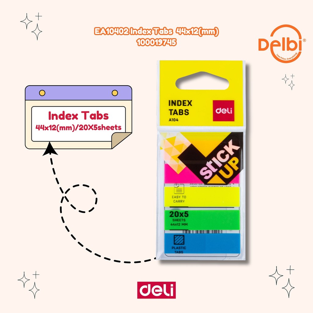 

Deli Index Memo Tabs [44 x 12 mm/ 5 x 20 Sheets/ 5 Warna] Warna perekat kuat tahan lama EA10402 EA10402 Index Tabs 44x12(mm)