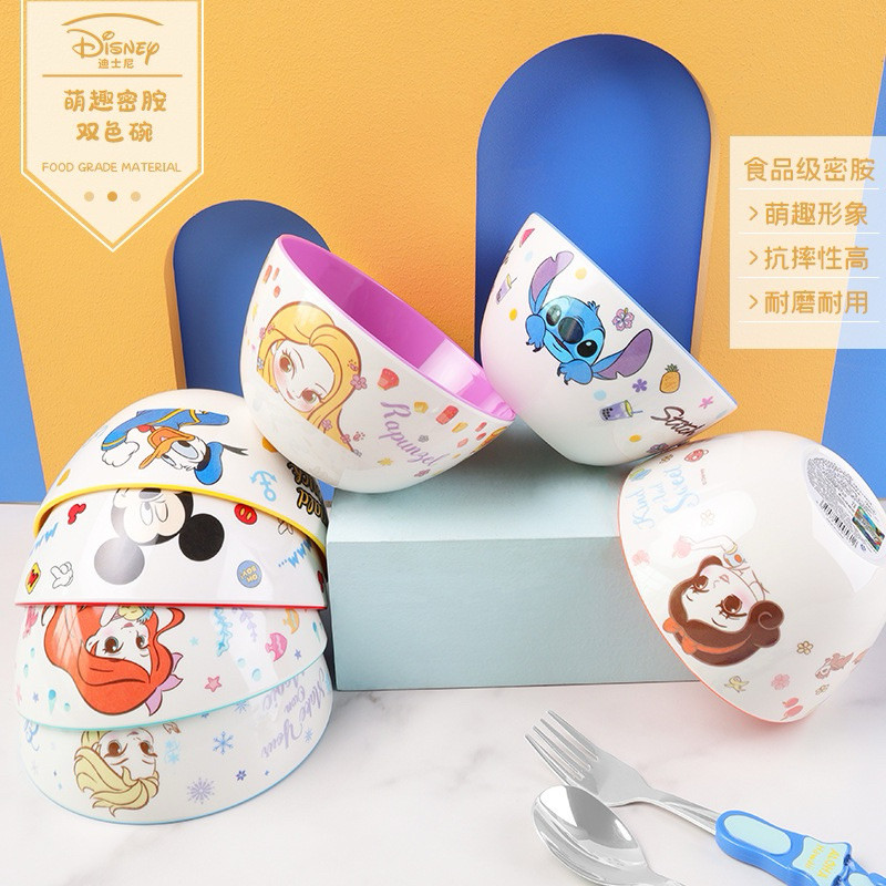 Mangkuk Mangkok Melamin tebal 12.5cm Dual Color Bown Melamine Karakter Disney Mickey, Minnie, Ariel,