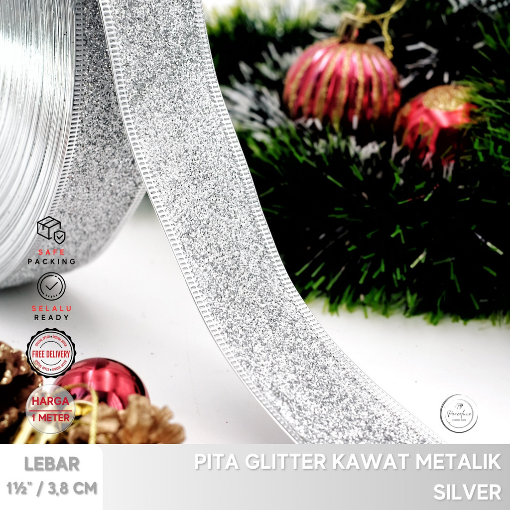 

Hiasan Dekorasi Ornamen Hampers Pita Ribbon Natal Christmas Imlek Glitter Silver 4 cm