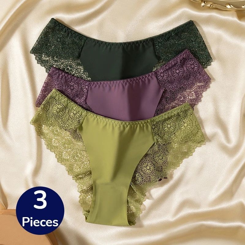 TrowBridge 3PCS/Set Sweet Women's Panties Silk Satin Underwear Lace Sexy Lingerie Girls Breathable B