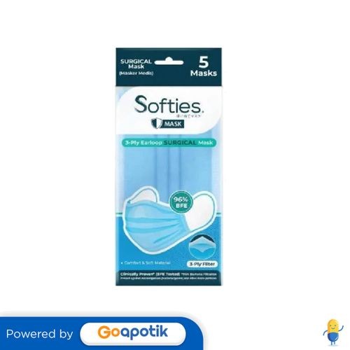 Softies 3ply Surgical Mask Earloop Biru Pack 5 Pcs