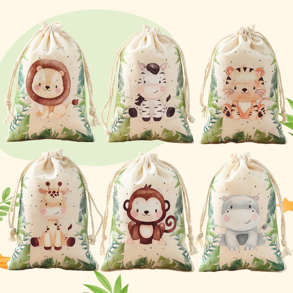 

6pcs Jungle Animal Candy Bag Drawstring Birthday Party Wedding Decor Kids Wild One Party Decor Baby Shower Sack Gift Packing Bag