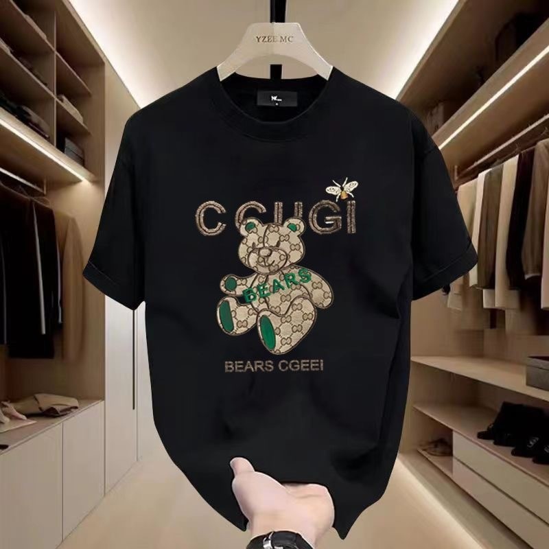 Barang Eropa Katun Cetak Beruang Lengan Pendek Pria Populer INS Trendi Musim Panas 2024 Kasual Modis