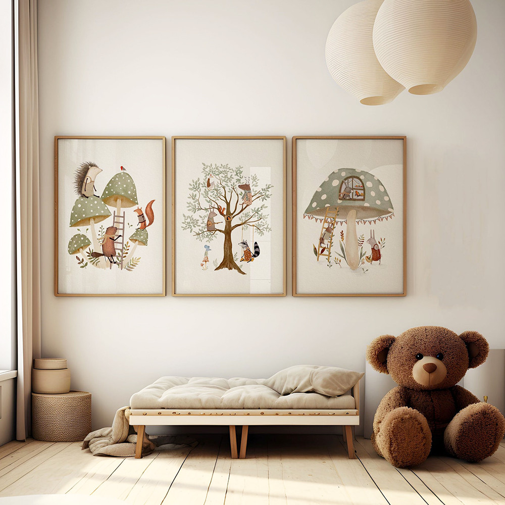 

Woodland Animal Sage Green Nursery Prints Canvas Painting Tree Mushroom Wall Pictures for Living Room Kids Wall Art Home Decor