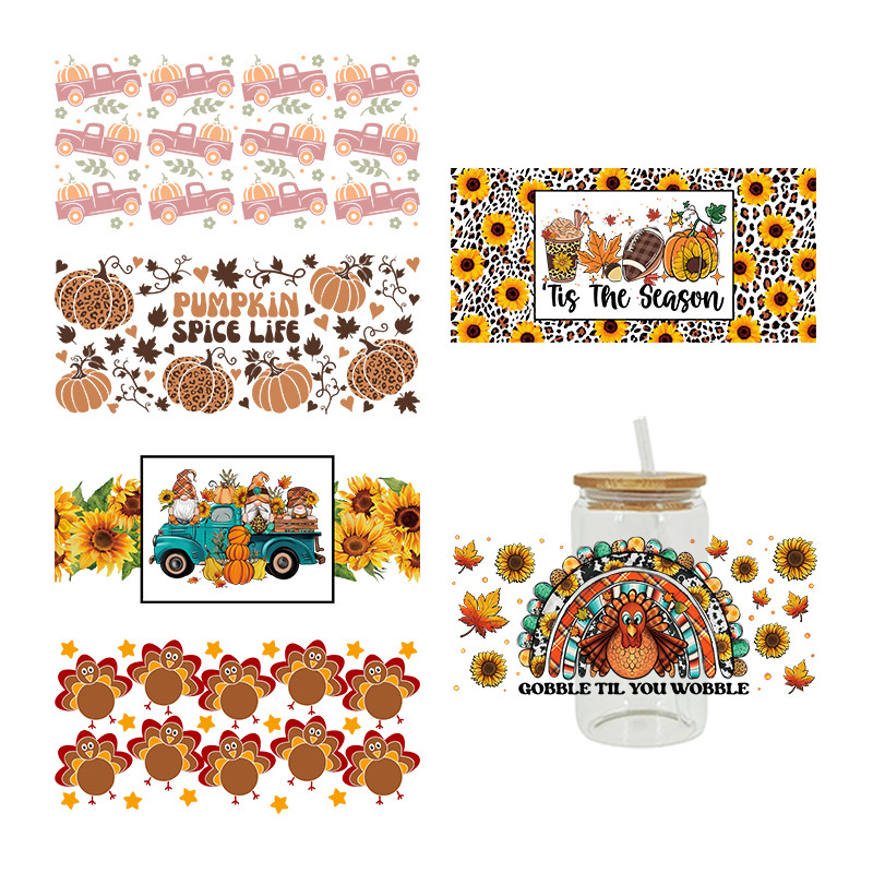 

UV DTF Thanking Day Fall Stickers For The 16oz Libbey Glasses Wraps DIY Waterproof Easy To Use Custom Decals D1359