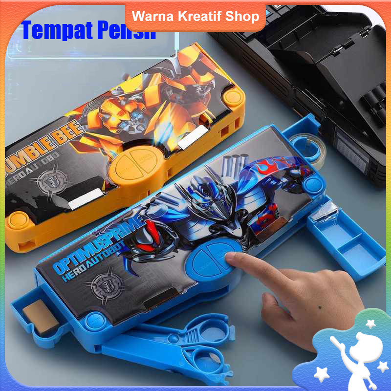 Tempat Pensil Karakter Anak Laki Laki Multifungsi Kotak Pensil Magnet Tombol Rautan Pencil Case