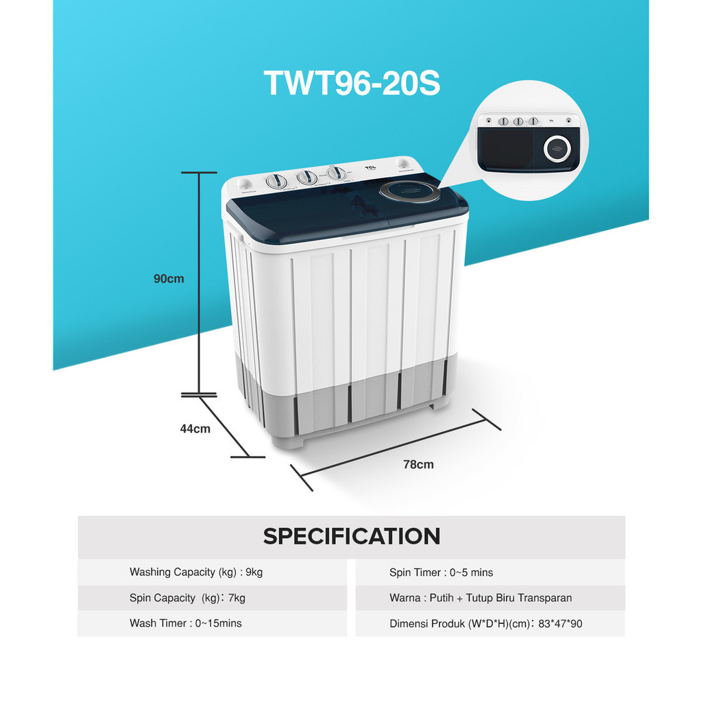 MESIN CUCI TCL TWT96-20S 2 TABUNG 9KG