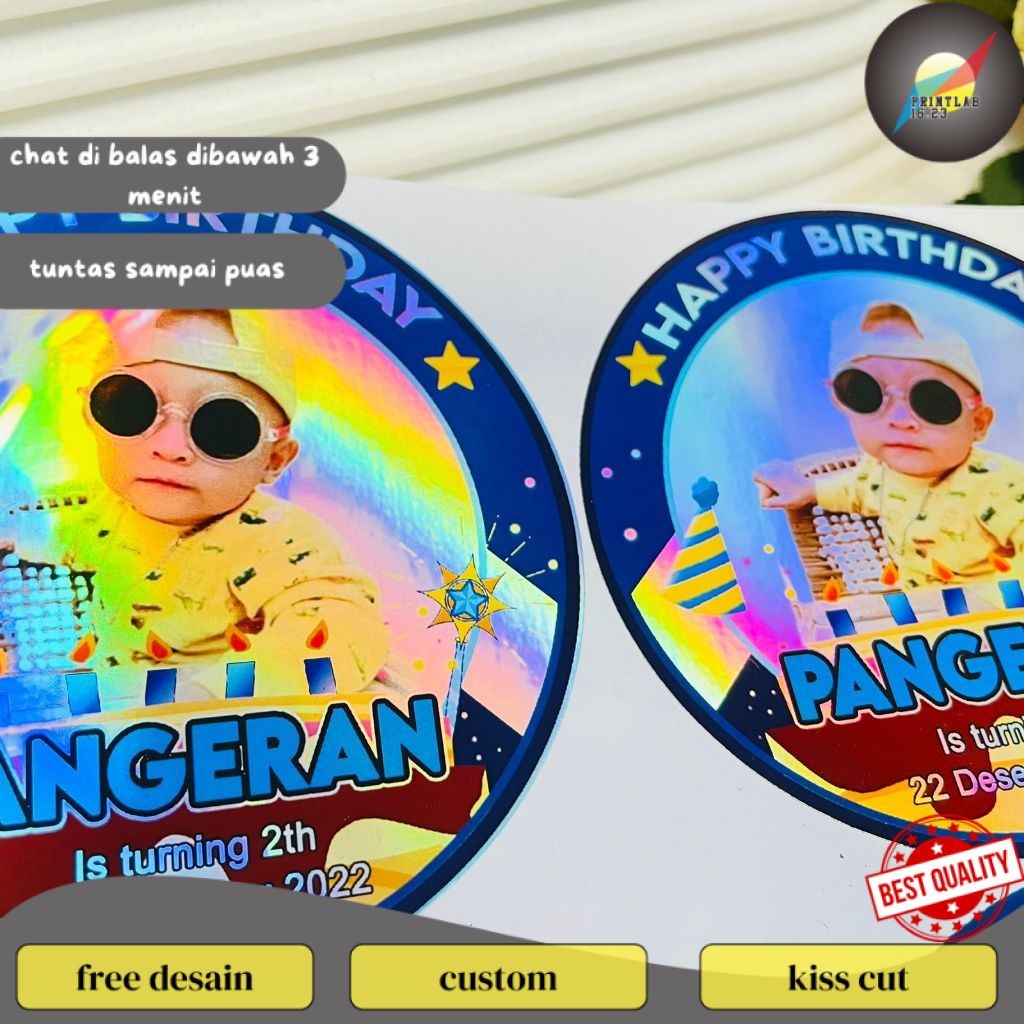

PrintLab 9-15 Sticker Ulang Tahun Anak Hologram Anti Air Stiker Label Undangan Happy Birthday Besar
