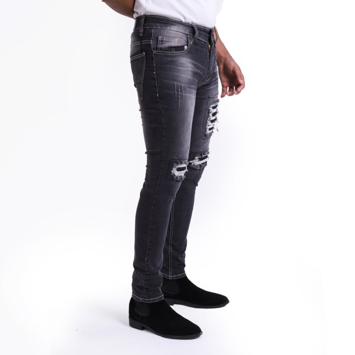 Weird Jeans - Light Grey- Celana Jeans Pria RIPPED Stretch tambal - Light Grey,28