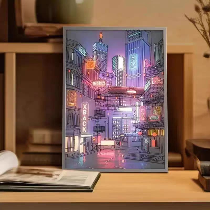 

Anime LED Beautiful City Night View Light Painting,HD Picture Narrow Bezel Usb Plug Dimming Romantic Home Decorations Night Lamp