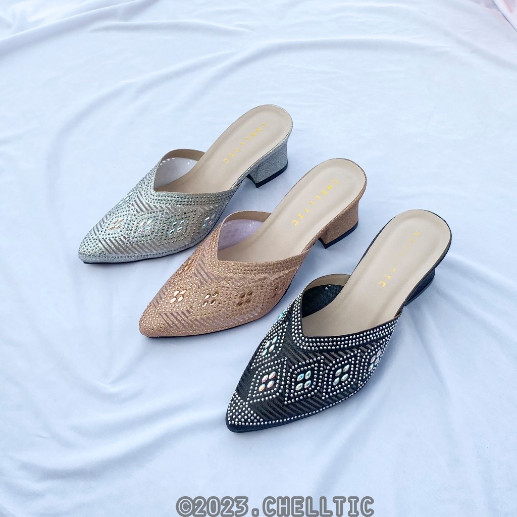 CHELTIC Sandal Sepatu Heels Pesta Wanita Hak Tahu 5CM Aksen Permata Import Terbaru|Sendal Hils Manik