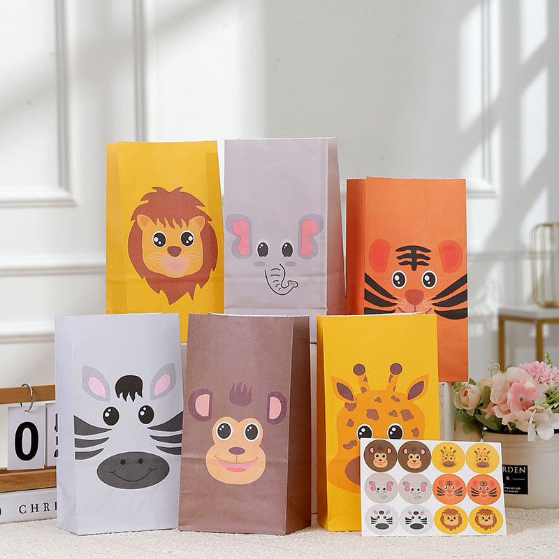 

6PCS Carton Animal Gift Bags Paper Candy Gifts Packaging Bag for Kids Jungle Safari Forest Animal Happy Birthday Party Supplies