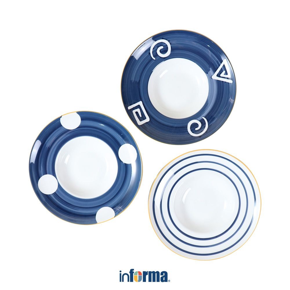 Informa Appetite 25 cm Set 3 Pcs Piring Saji Fujiri - Biru/Putih Serving Plate Wadah Hidangan Food G