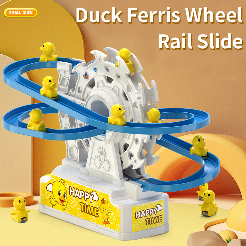 Small Duck Climbing Stairs Toy,Electric Happy Duck Ferris Wheel Track Slide with LED Flashing Lights