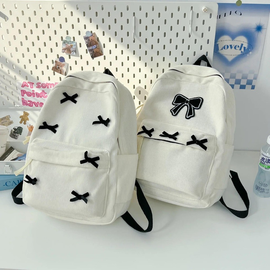 

Girls School Backpack Cute Bowknot High School Student Bags White Black Corduroy Shoulders Bag Teenage High-capacity Bookbags