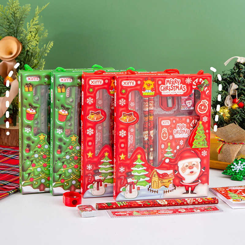 

6Pcs/Set Cartoon Christmas Pencil Stationery Gift Box Set Cute Student Christmas Notebook Eraser Children's Christmas Gift
