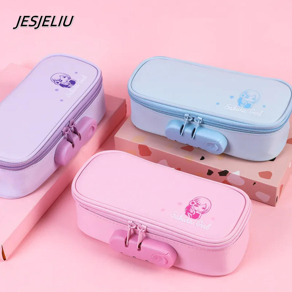 

JESJELIU Portable Password Lock Pencil Case Pens Bag Large Capacity Pencil Holder Student Stationery Kids Gifts School Supplies
