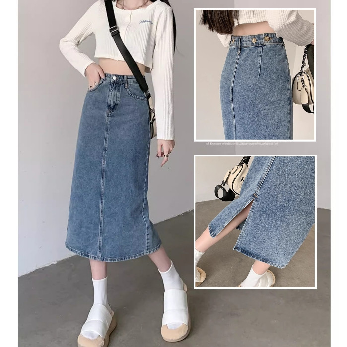 "Hot Item" rok jeans 7/8 rok belah belakang rok jeans panjang korean style high waist skirt rok kanc
