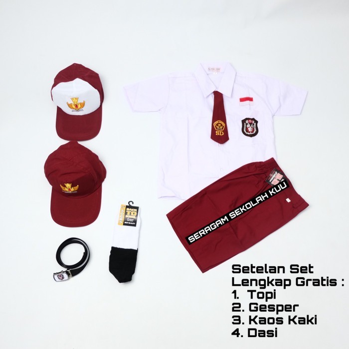 Setelan Super Lengkap Seragam Sekolah SD Pendek Cowok - Topi Merah, KELAS 1