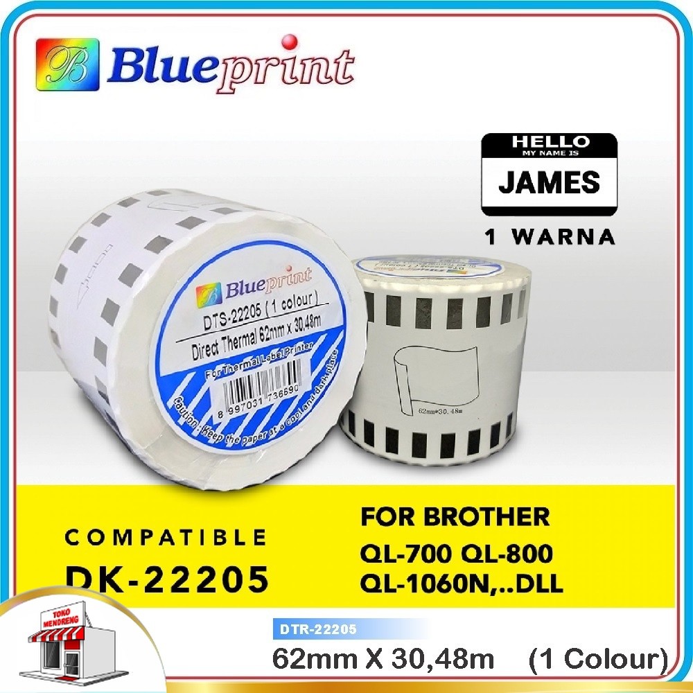 

Continuous Sticker Brother DTS-22205 Blueprint 62 mm 30 meter Stiker Label Barcode DK-22205 1 warna