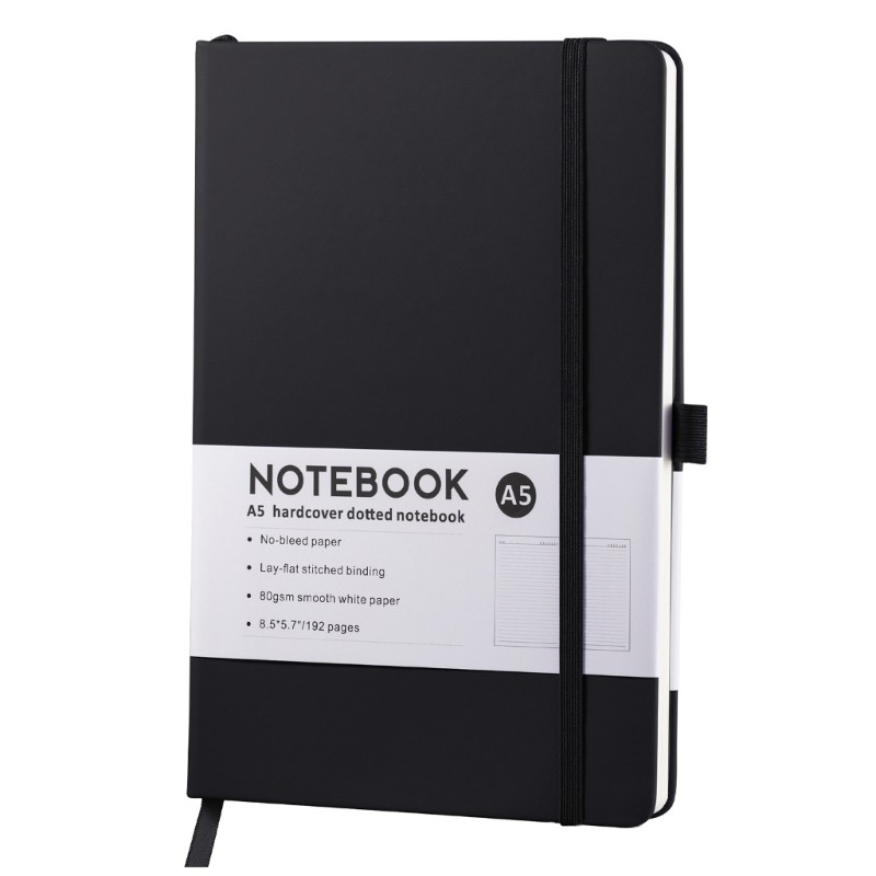 

Business Notebook Leather Journal Elastic Strap Closure Ribbon Page Mark Lined