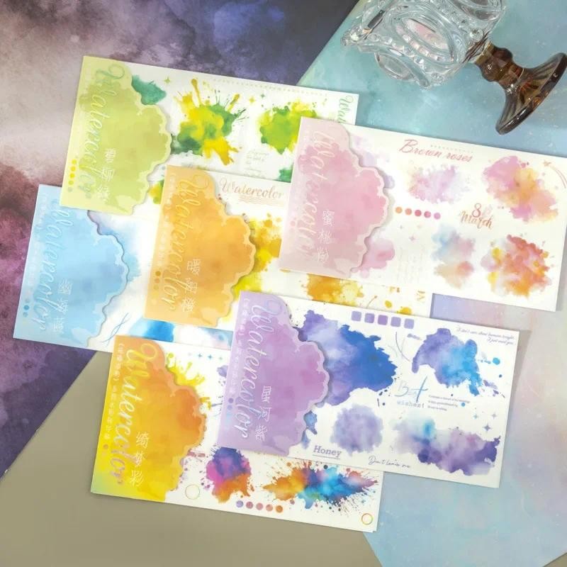 

Mr. Paper, 6 Styles, Large-sized Watercolor Transfer Stickers, Watercolor Blending Style Stickers, Scrapbook Collage Base