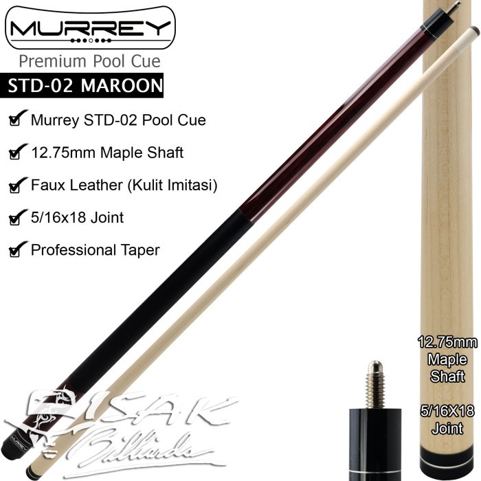 Murrey STD-2 - Maple Pool Billiard Cue Stick - Stik Biliar - Maroon