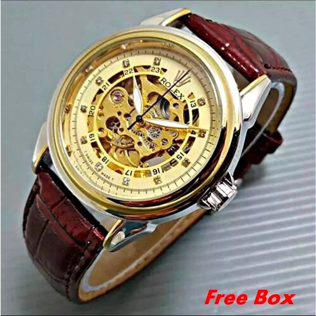 TERBARU jam tangan Automatic tanpa batrai tali kulit fashion pria ||JAM TANGAN AUTOMATIC