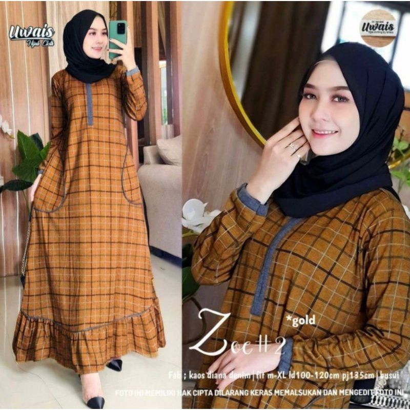 AJR - ZOE #2 Gamis Wanita Muslimah Terbaru Motif kotak-kotak Bahan Diana Denim by Fashion Hijab solo