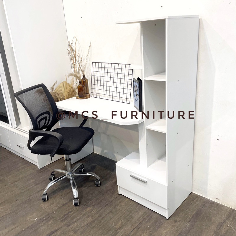 Meja Belajar Meja Kantor Meja Berlemari Estetik Rak Samping Buku Mebel Furniture MCS Semarang