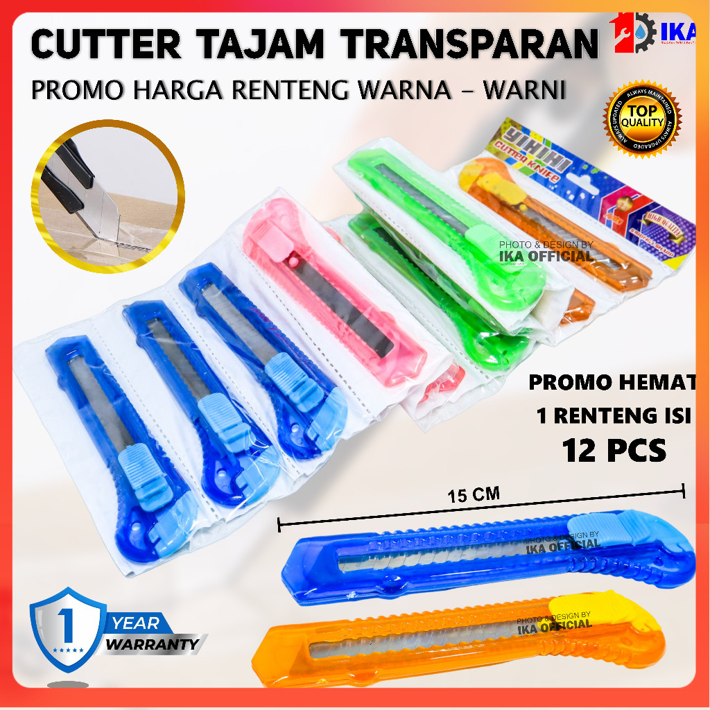 

Pisau Cutter Ukuran Besar 12pcs Tajam 18mm Transparan Warna Warni Perlengkapan ATK untuk unboxing paket