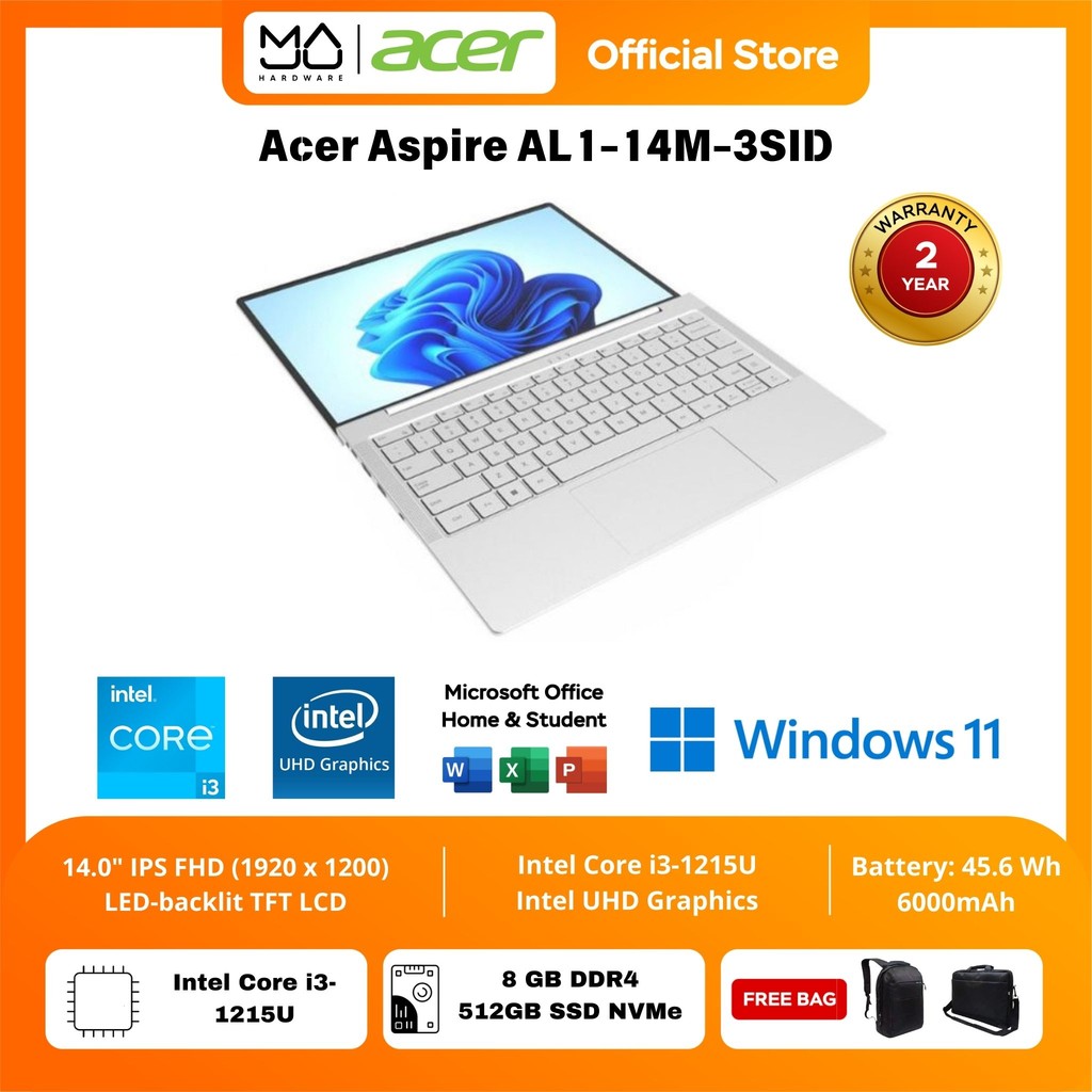 Laptop ACER Aspire Lite 14M 3BID 3SID Intel Core i3-1215U RAM 8GB SSD 512GB Garansi Resmi