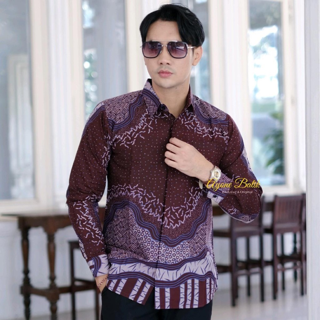 kemeja batik cowok warna merah Burgundy lengan panjang BARA BURGUNDY batik slim fit pria terbaru war