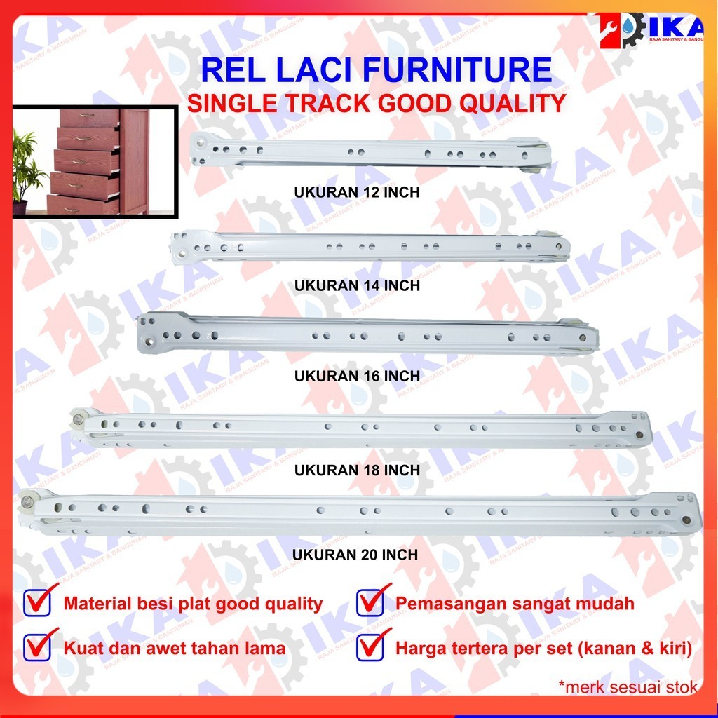 Rel Laci 30 35 40 45 50 cm 1 set (2 pcs). Biasa Roda Singel Track Putih Stainless