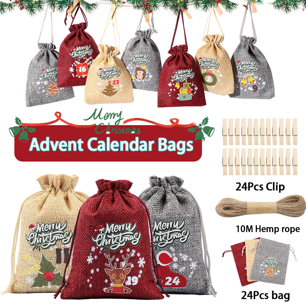 

24Pcs/set Christmas Advent Calendar Bags Reusable Drawstring Candies Cookies Gifts Bag Home Christmas Party Advent Calendar Bags