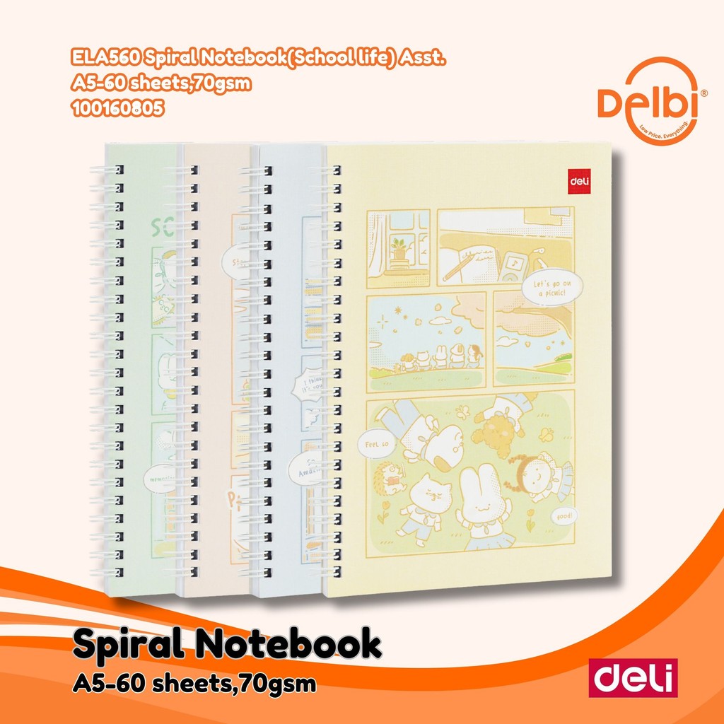 

Deli Notebook Spiral School Life Random Buku Tulis Catatan ELA560 Spiral Notebook(School life) Asst. A5-60 sheets,70gsm