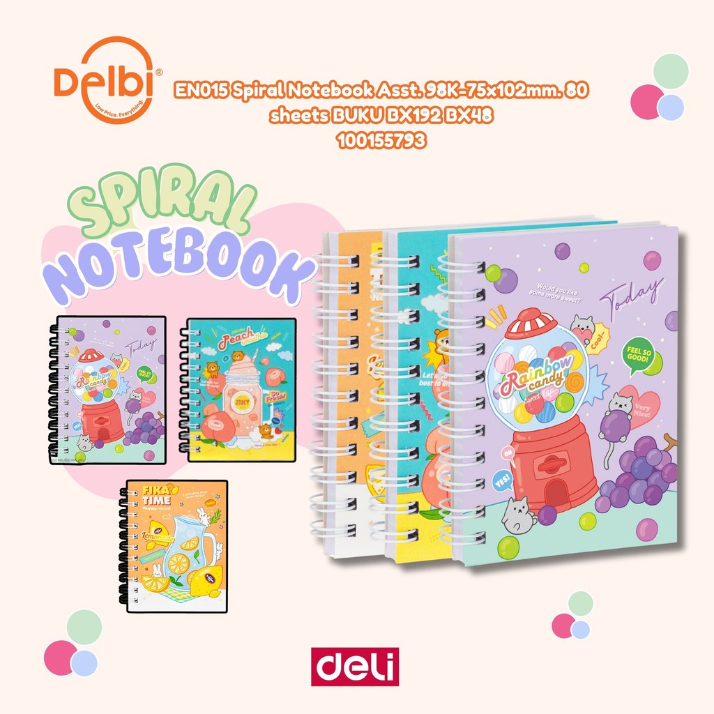 

Deli | Buku Catatan (Notebook) | A6 EN015 Spiral Notebook Asst. 98K-75x102mm. 80 sheets BUKU BX192 BX48