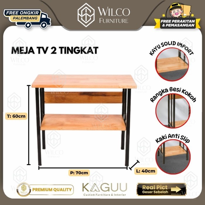 Meja TV Kayu 2 Tingkat CMF | Meja TV Kaki Besi | Meja Kayu Minimalis CMF