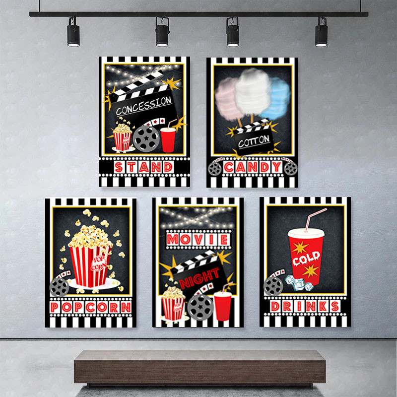 

Movie Night Party Logo Posters Theater Wall Art Pictures Popcorn Film Sign Canvas Painting Cinema Art Prints Modern Home Decor