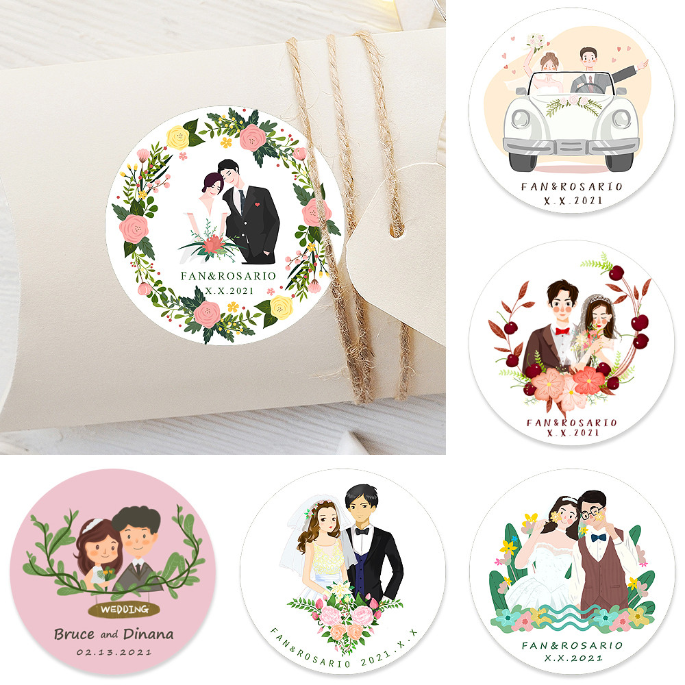 

2.5-7cm Custom Personalized Wedding Stickers Name Sticker Cartoons Bride And Groom Sticker Diy Party Gift Box Labels Decorating