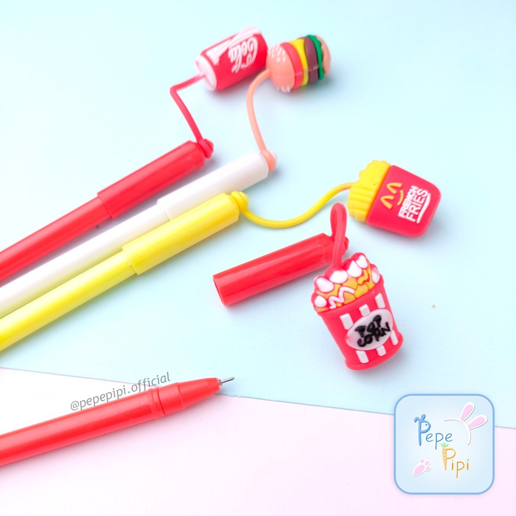 

4 & 12 pcs Pena Gantungan Fast Food KARET Bolpen Pen Pulpen Junk Burger Cola Gelpen Karakter Murah