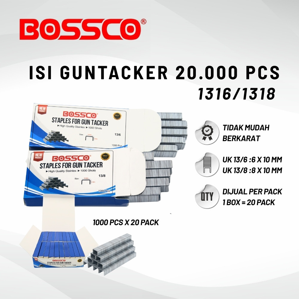 

GROSIR!!! 1 Box (ISI 5,000/20,000 pcs) - Isi Staples Manual / Staples Tembak Guntacker Merek BOSSCO Original Uk. 13/6mm (6mm) /13/8mm (8mm)