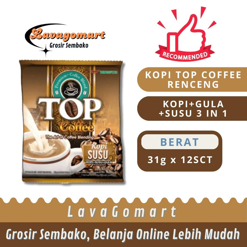 

KOPI TOP COFFEE SUSU + GULA 3 IN 1 SACHET 31g - 1 RENCENG - LAVAGOMART - BANDUNG