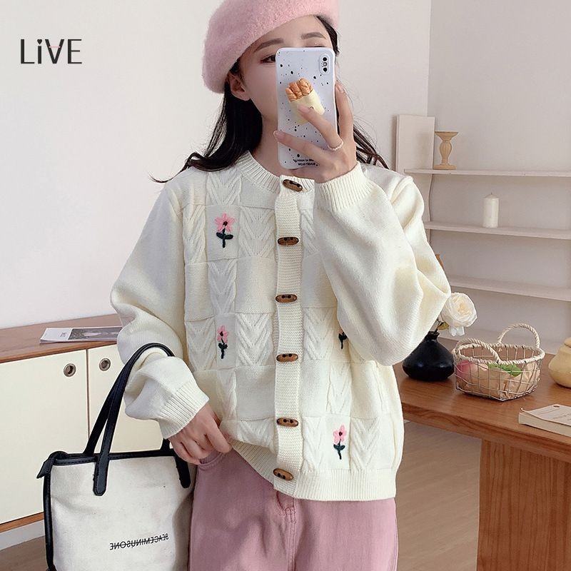 ALIVEF -  Atasan Lengan Panjang Wanita Jaket Sweater Kancing Tanduk Leher Bulat  Kardigan Rajutan Bo