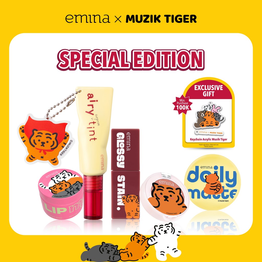 EMINA X MUZIK TIGER SERIES - Emina Airy Surprise Tint, Glossy Stain, Cheek Lit Pressed Blush, Lip Ma