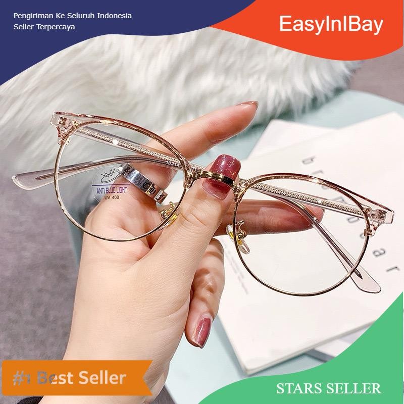 HK Kacamata Anti Blue Light Anti Radiasi Blueray Premium Gaya Korea Bentuk Bulat Oval Bahan Metal un