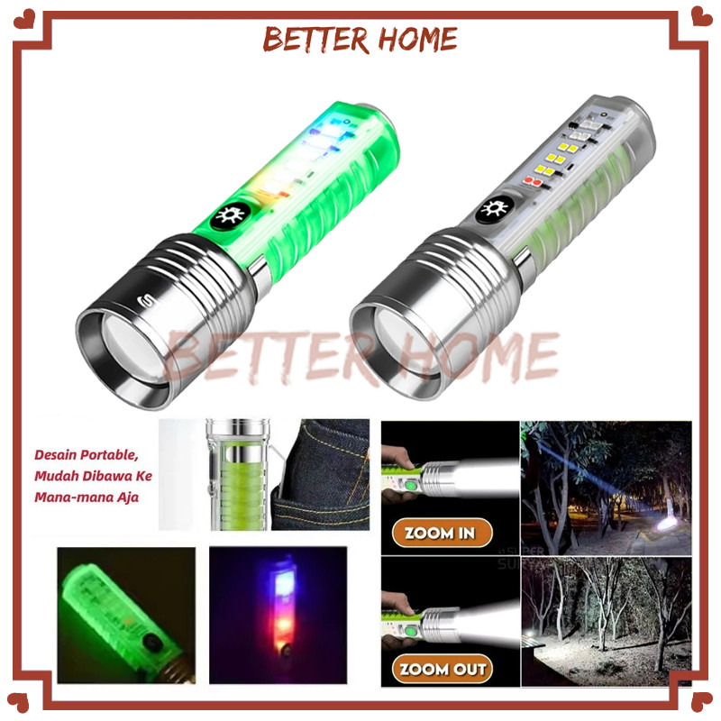 Senter Maghnet Zoom In Out Cas 8 Mode Warna Waterproof Flashlight 520A