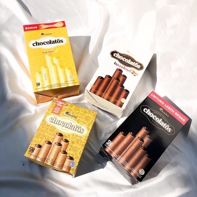 

{ PerBox isi 24 } Chocolatos Wafer Stick Roll 500an dan 1000an - Dengan isian rasa Cokelat Lumer
