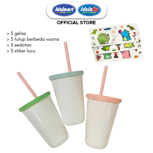 IDOLMART Gelas Plastik Mini Isi 3 + Stiker Karakter DIY Gelas Hias