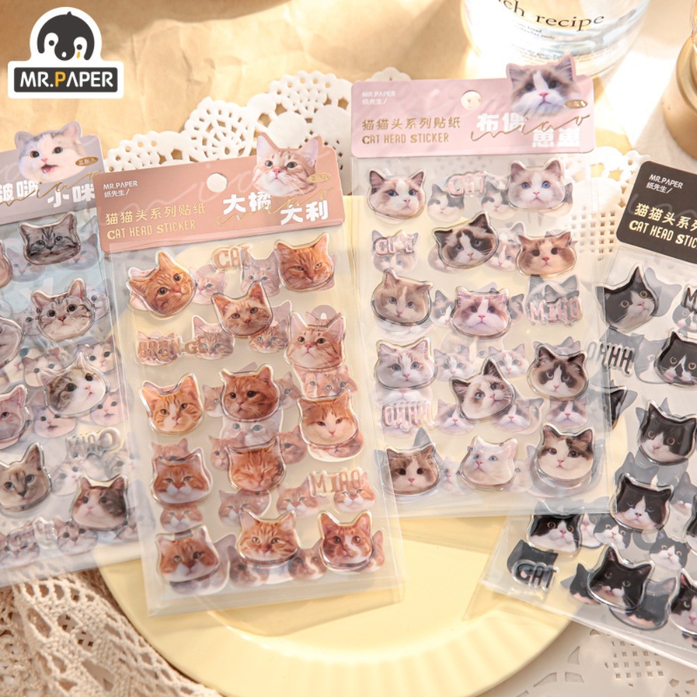 

Mr. Paper Cute Cat Head Flat Sticker Cartoon Animal Guka DIY Handbook Decoration Kawaii Stickers Stationery 4 Style